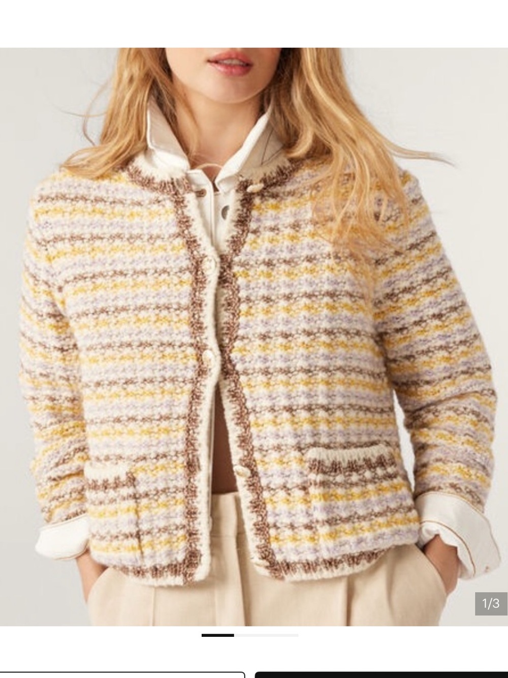 ba&sh Yellow, Cream & Brown Textured Tweed Cardigan
